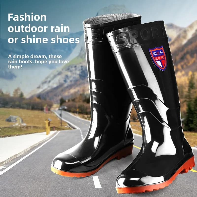Bottes pluie hautes noires style militaire homme cuisine anti-dérapantes PVC longues chaussures aquatiques traditionnelles