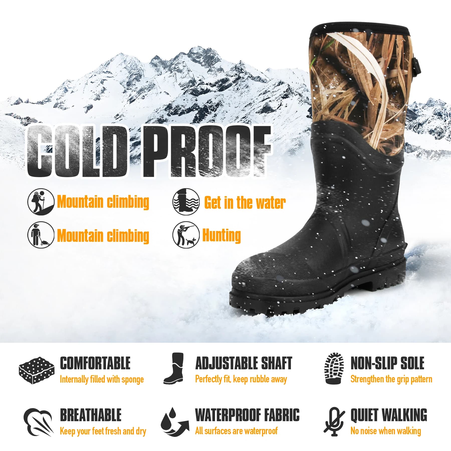 Bottes de pluie camouflage GUGULUZA hautes waterproof - Chaussures de pêche et chasse antidérapantes en néoprène