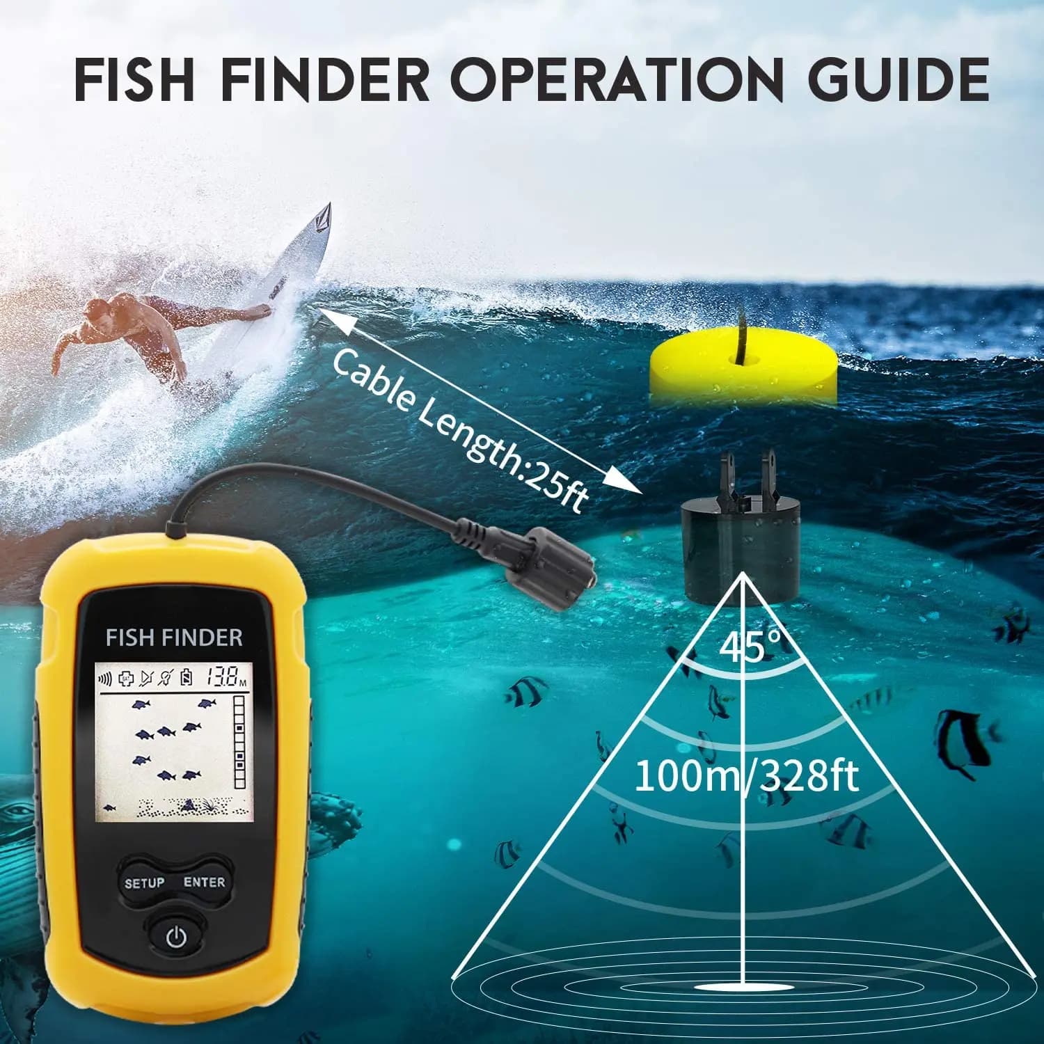 Alarme 100M Sonar Portable Détecteur de Poissons 45° Couverture Sonar Échosondeur Transducteur Pêche Lac Mer