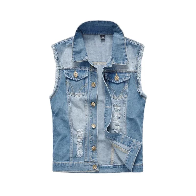 Veste en jean déchiré bleu clair pour homme - Parka léger et slim en coton - Taille 6XL