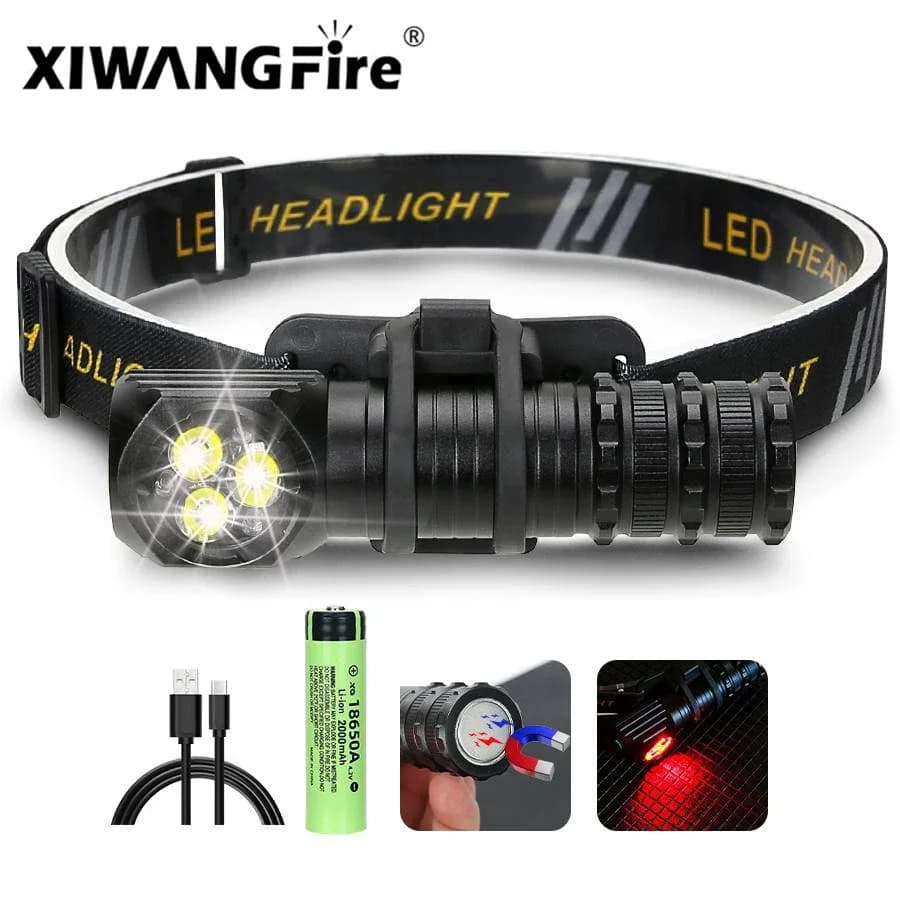 Frontale XIWANGFIRE T300 3 LED magnétique 1300LM - Rechargeable USB avec capuchon queue aimanté