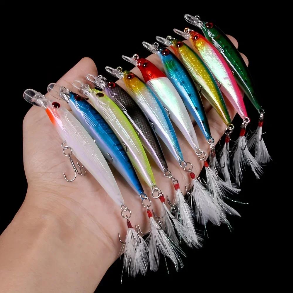 Set 10 leurres minnow avec plumes pour black bass - Leurres crankbait 9cm/7g prise rapide