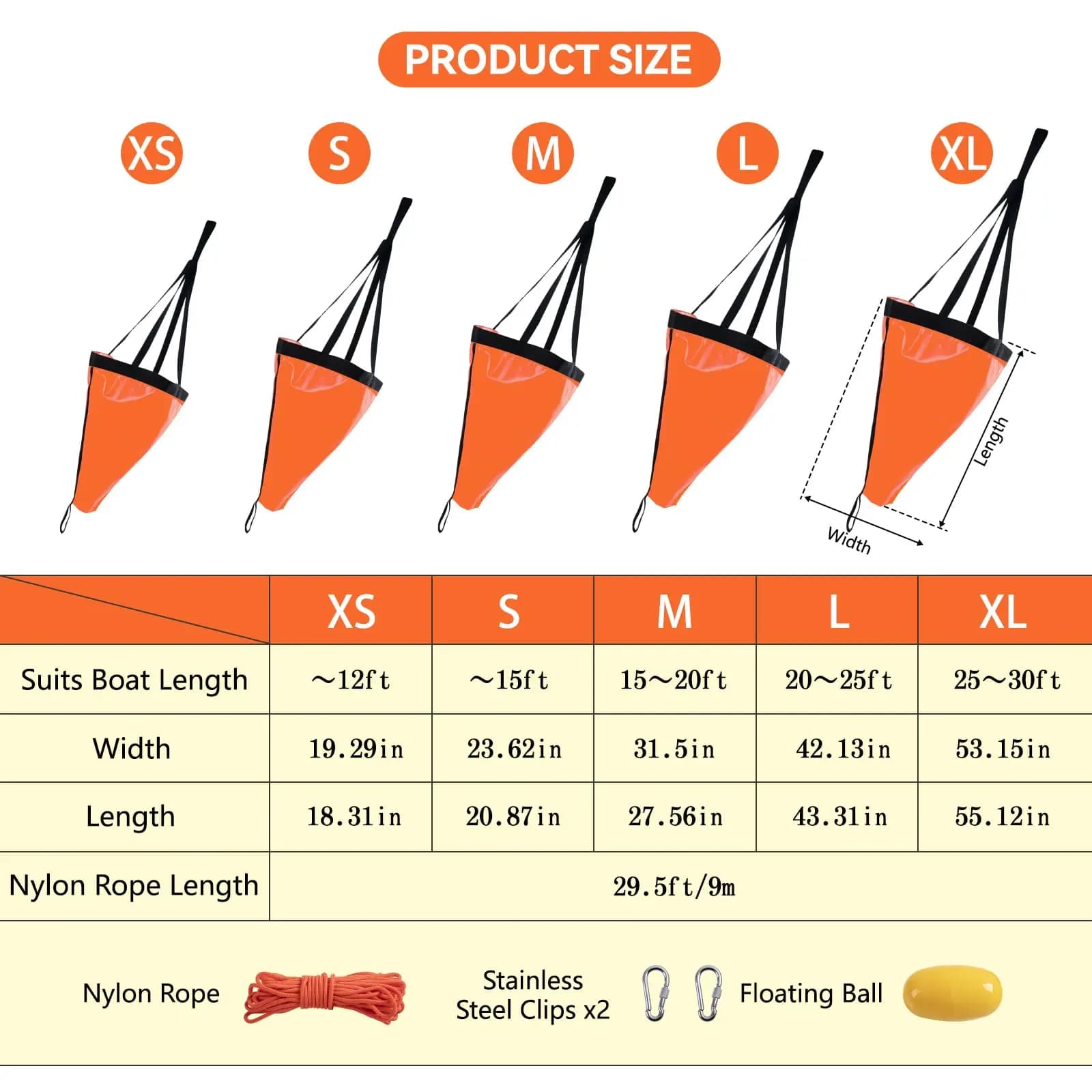 Ancre dérivante drift sock 19 à 53 pouces avec corde 30ft - pour pêche kayak et bateau trolling