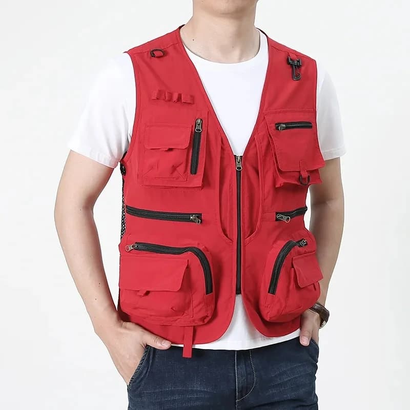 Veste de pêche cargo 2025 rouge multi-poches nylon pour journaliste photo et camping
