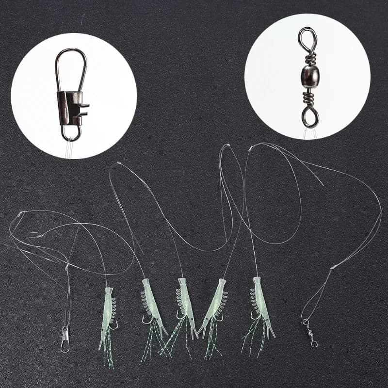 Leurres souples crevettes lumineux 5 pièces - Hameçons barbelés pour maquereau et morue - Pêche en mer