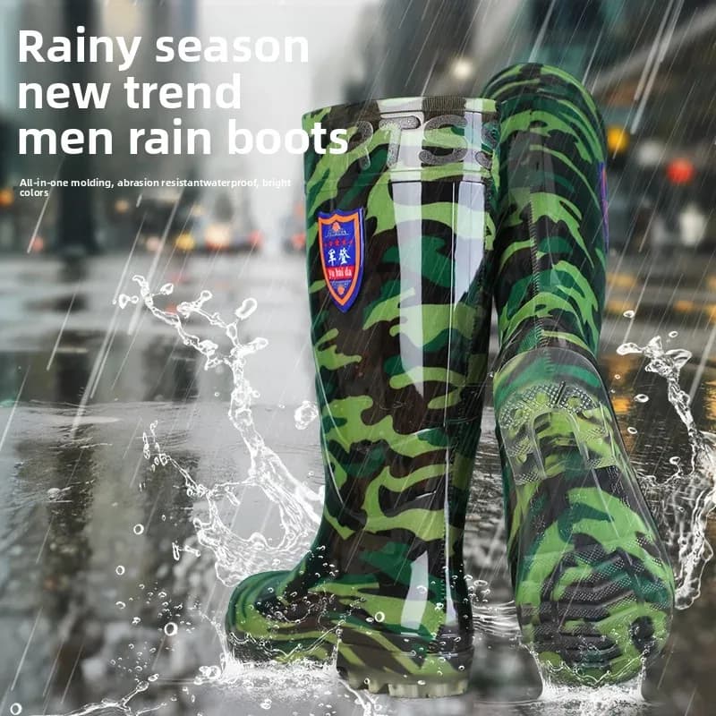 Bottes de pluie camouflage homme haut tube sécurité cuisine travail PVC genou adulte talon bas matériau tube