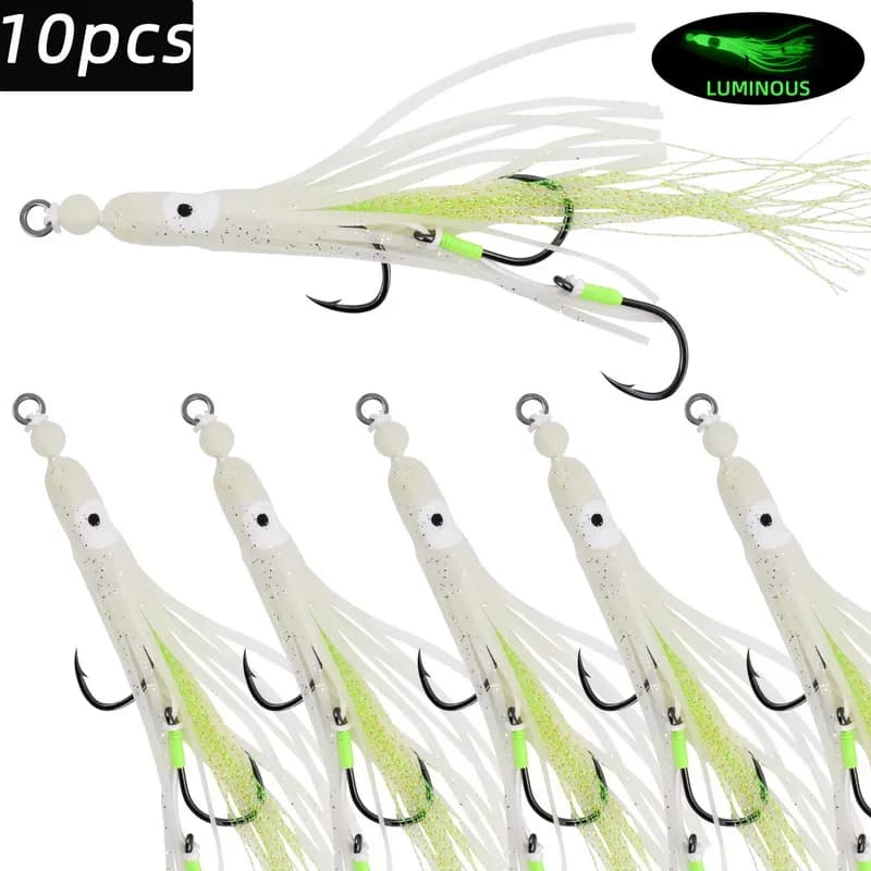 Leurres souples calmar 10pcs avec jupes silicone et hameçons auxiliaires pour pêche en mer