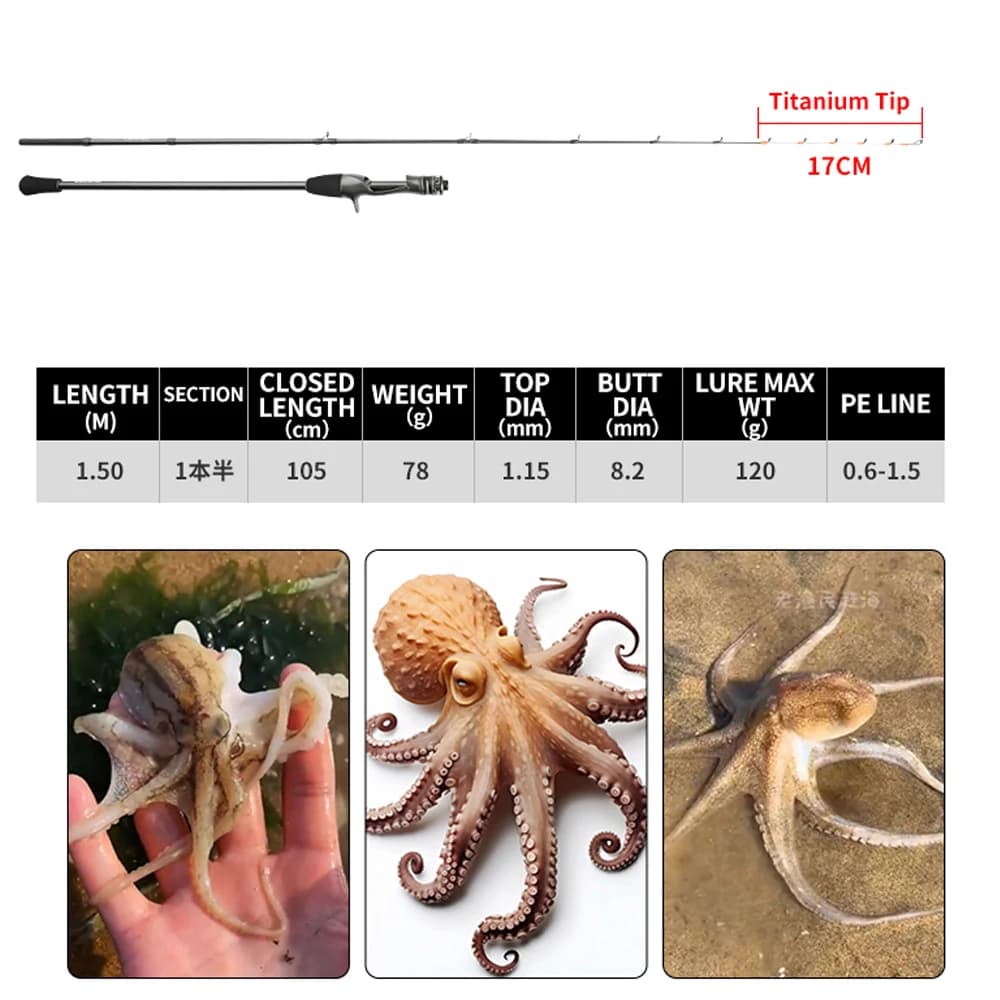Canne à pêche Johncoo 150 pour seiche et poulpe, pointe titane légère, pêche en mer et eau douce