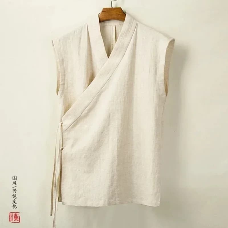 Veste traditionnelle chinoise Hanfu homme lin coton sans manches kimono cardigan pêche zen