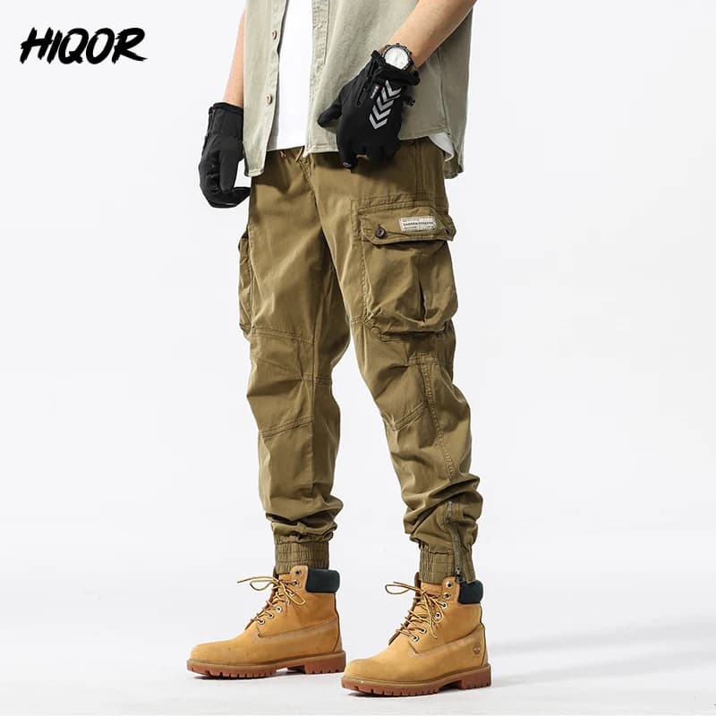 Pantalon cargo coton ample HIQOR homme baggy loose Y2k surdimensionné pêche travail outdoor