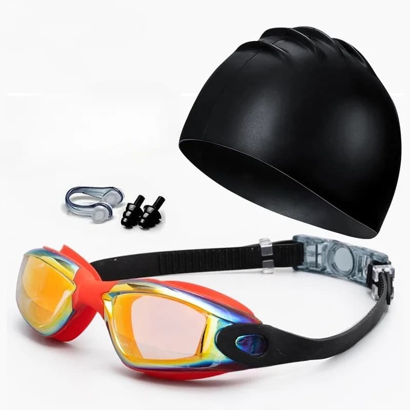 Set natation adulte complet : lunettes HD étanches anti-buée UV avec bonnet de bain inclus