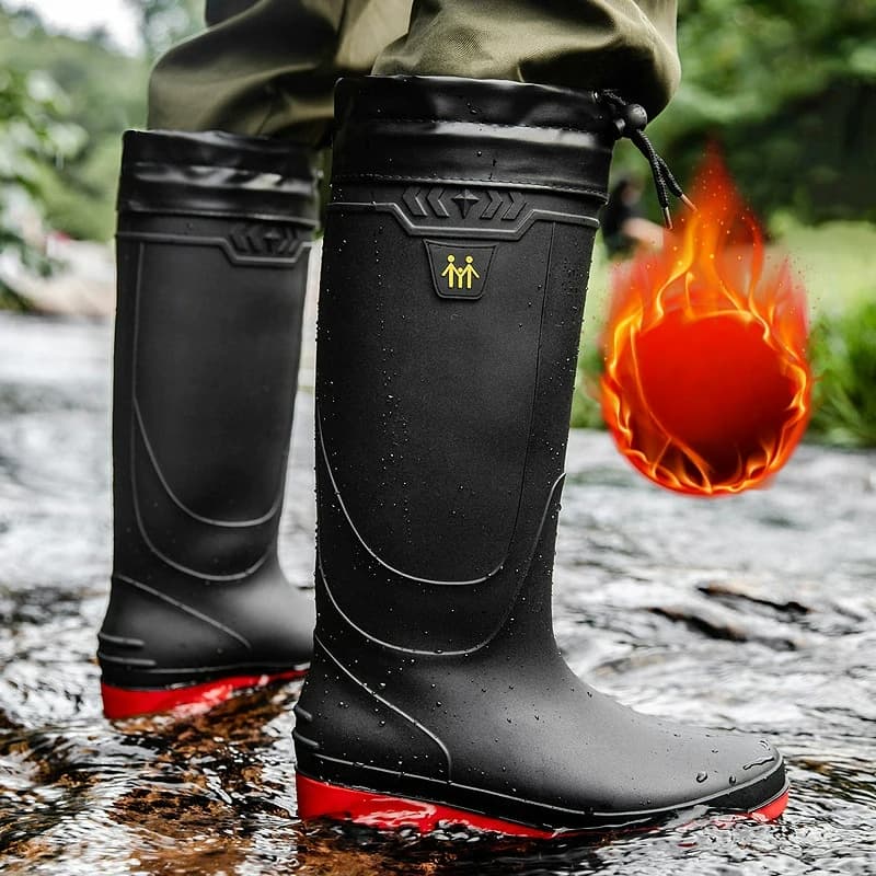 Bottes pluie travail homme hautes imperméables - Chaussures pêche antidérapantes caoutchouc chaudes montantes