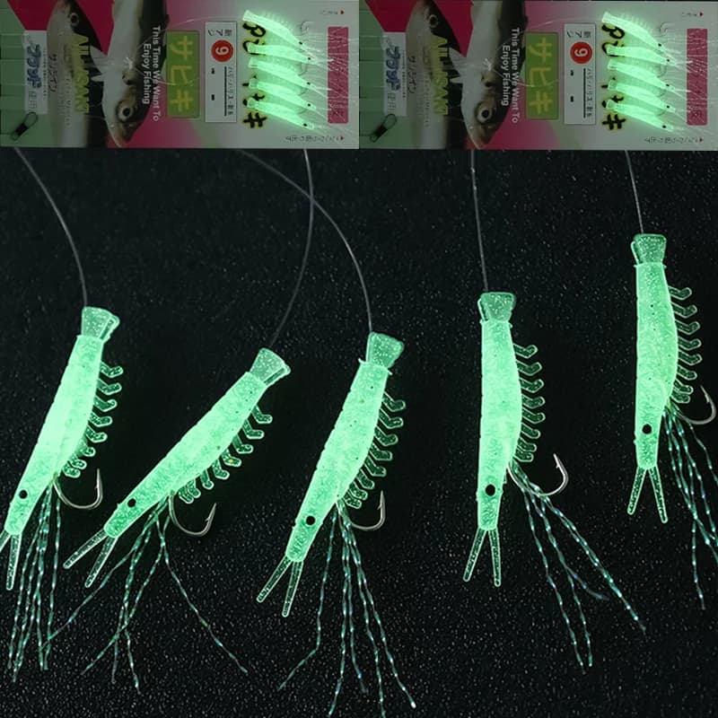 Leurres souples crevettes lumineux 5 pièces - Hameçons barbelés pour maquereau et morue - Pêche en mer
