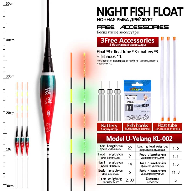 Kit pêche nocturne 3 flotteurs électriques nano + accessoires lumineux pour pêche en eau douce