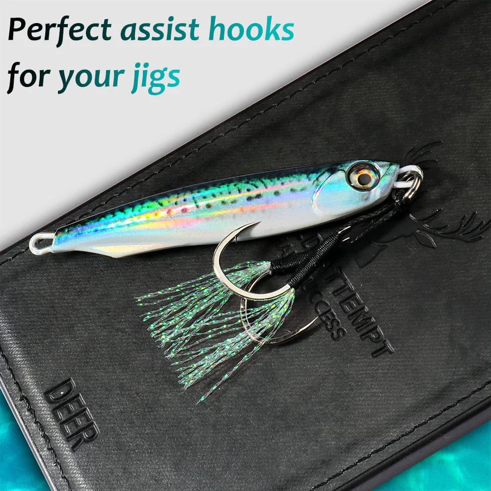 10 hameçons assistés pour leurres de pêche slow jigging en acier haute teneur carbone, plume et barbelures