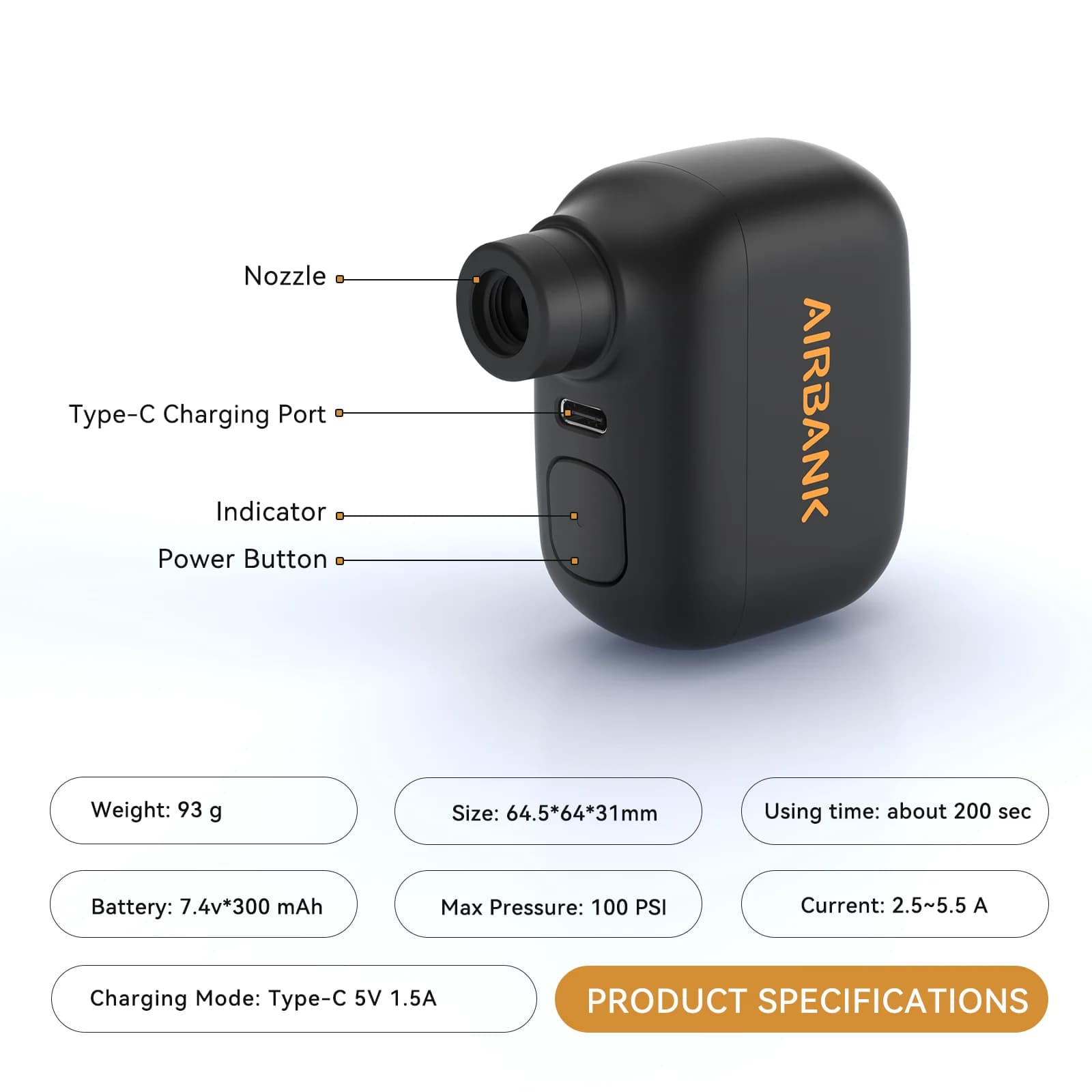 Pompe électrique mini vélo AIRBANK POCKET SE 100 PSI - Gonfleur portable piles pour vélo route pêche