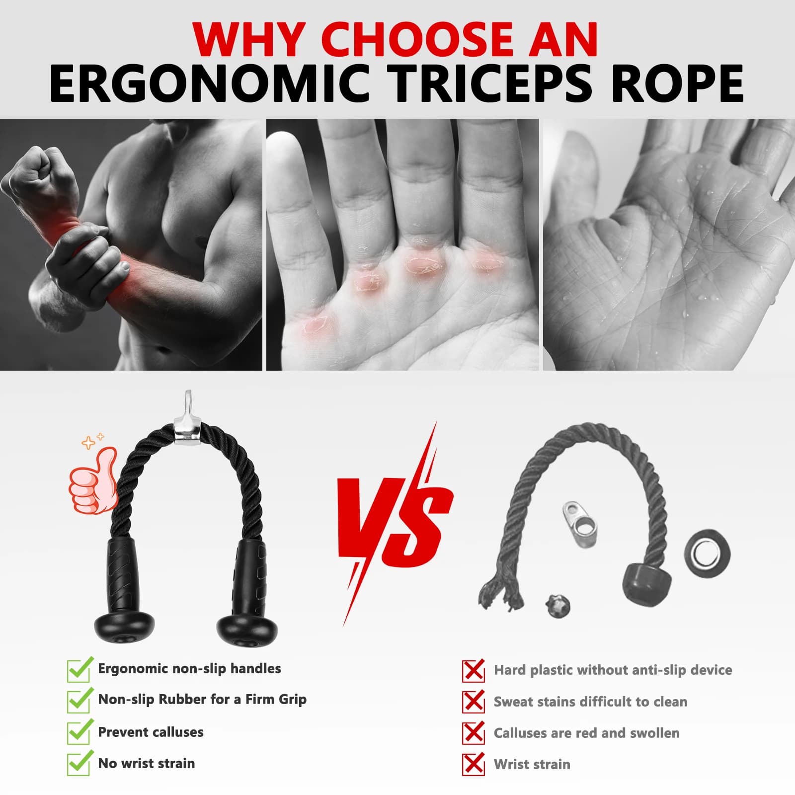 Corde triceps ergonomique Hikeen avec poignée antidérapante - Réduit la pression sur les poignets