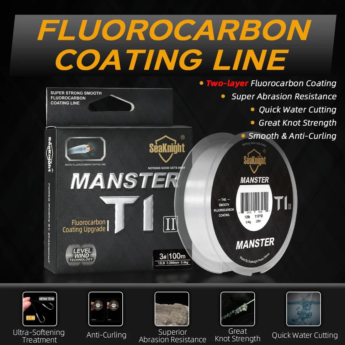 Ligne de pêche fluorocarbone SeaKnight MANSTER T1 II 100M revêtement double couche coulante rapide 3-35LB