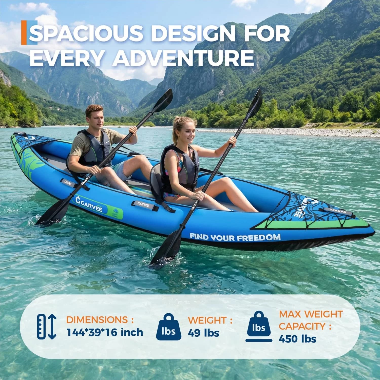 Kayak gonflable 2 places portable pêche et touring avec siège rembourré et kit réparation