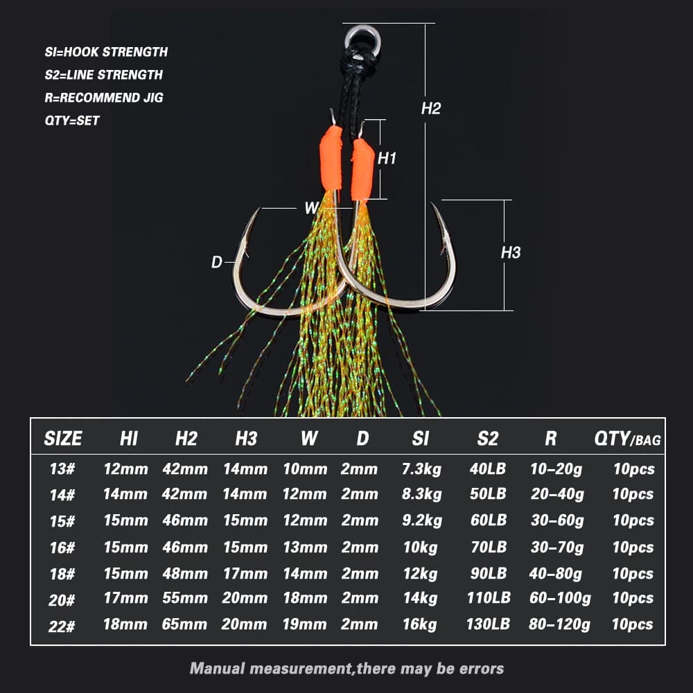 10 assist hooks métalliques avec plumes UV et anneau solide pour jigging de 10g à 120g pêche en mer