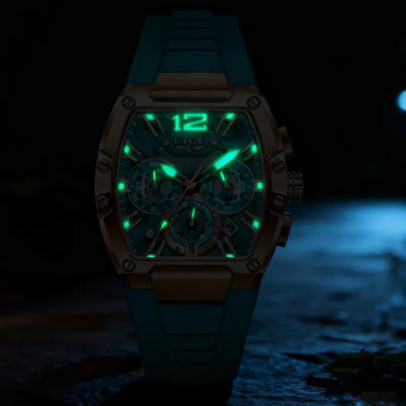 Montre homme sport LIGE chronographe étanche bracelet silicone lumineux design tonneau aéré