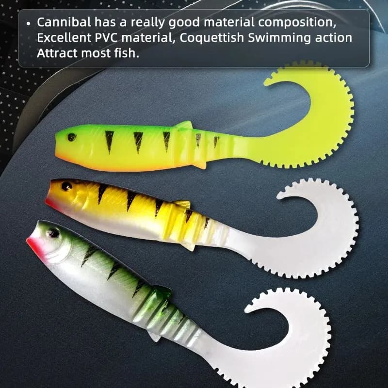 Leurre souple silicone MEREDITH Cannibal Curved Tail 70mm 90mm pour la pêche du bar et carnassiers