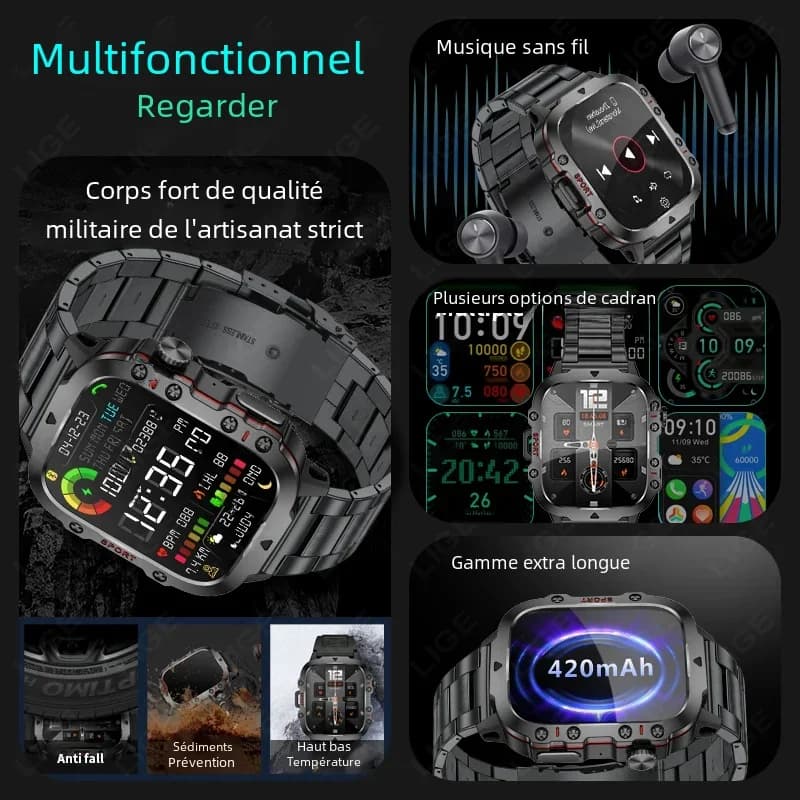 Montre connectée militaire étanche IP68 pour hommes - Smartwatch robuste avec appels Bluetooth et IA vocale