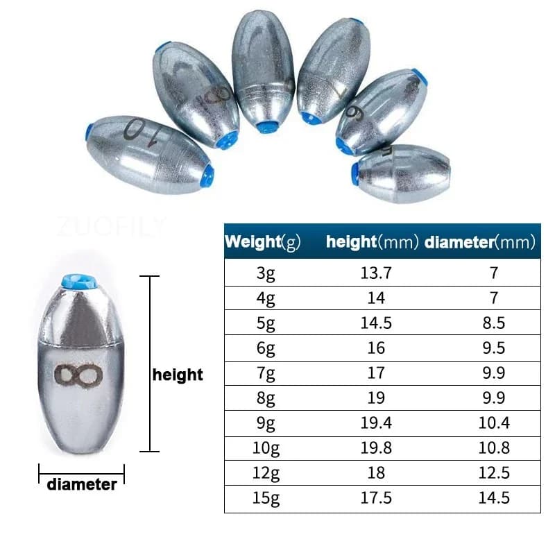 Plombs de pêche olive creux alliage 10 tailles 3g-15g pour toutes techniques de pêche - accessoires essentiels