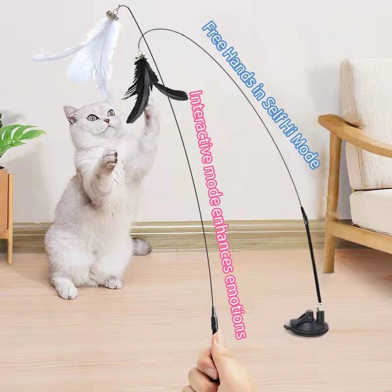 Jouet interactif chat sans mains - Canne à pêche plume oiseau ventouse - Jouet chat stimulant