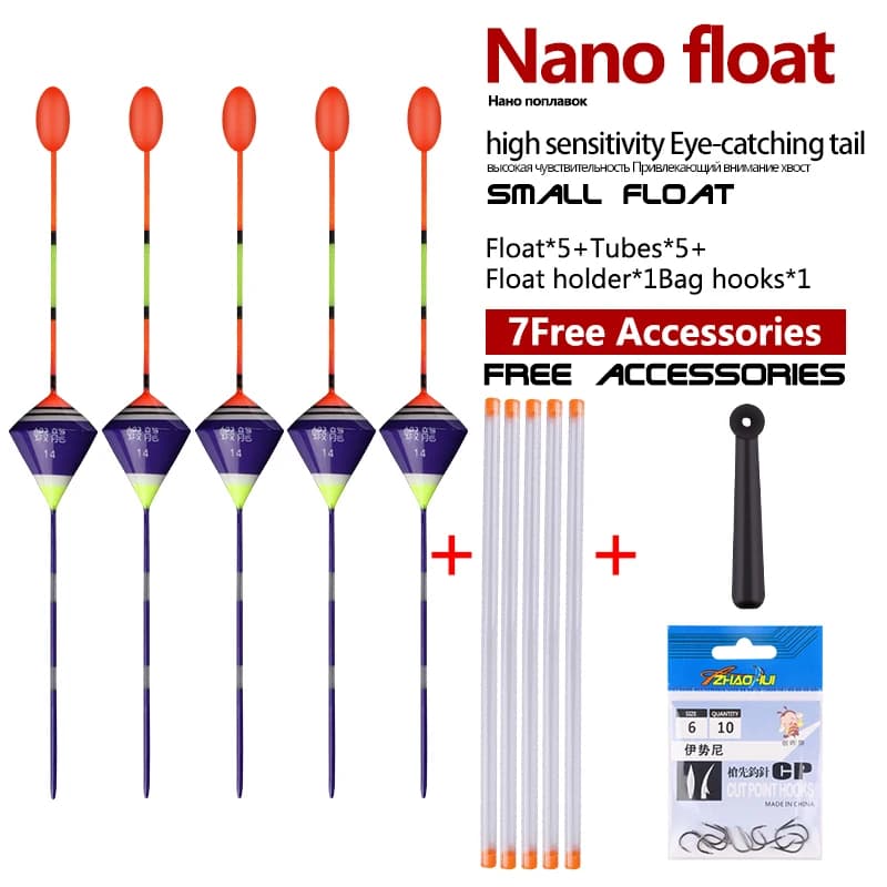 5 flotteurs nano pêche avec perle queue + 5 tubes + 1 siège + hameçons, ensemble