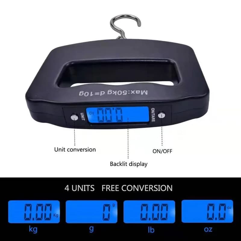 Balance numérique portable 50kg/10g mini suspendue bleue pour pêche, bagages et pesage électronique