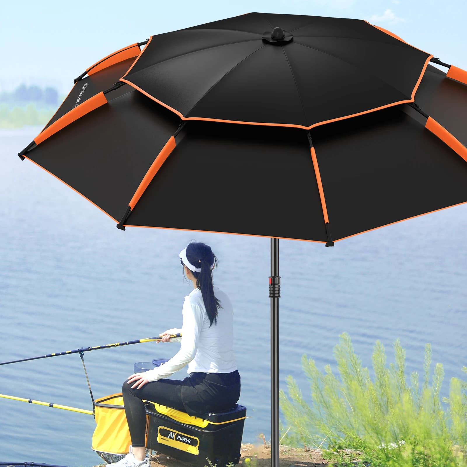 Grand parapluie pêche pliable UPF 50+ waterproof - Protection solaire avec support réglable portable