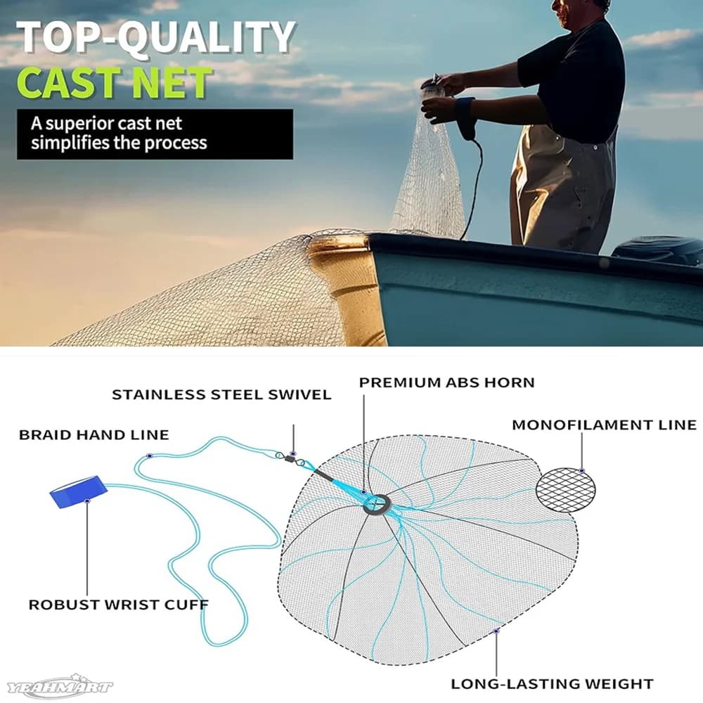 Filet de lancer pêche en mer américain pour appâts et poissons fourrage 3 à 10 pieds