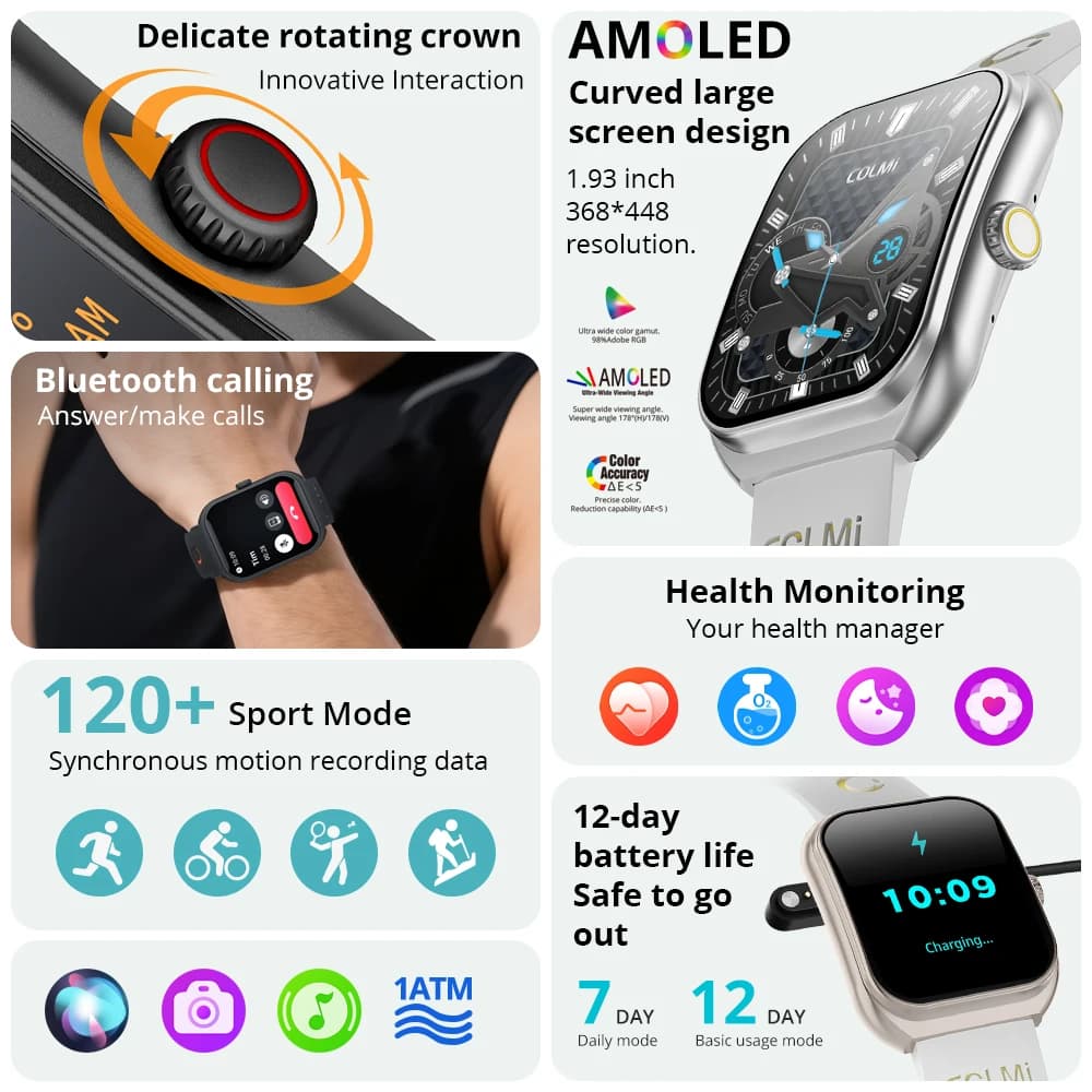 Montre COLMI P86 - Écran AMOLED 1.93 pouces, gestion santé, IP68 étanche et compatible Xiaomi iOS