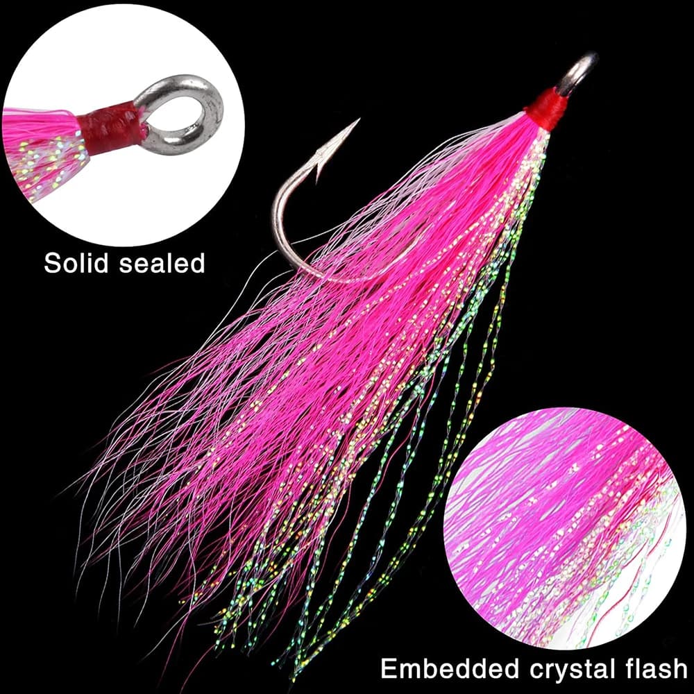 Hameçons jig avec bucktail teasers 2 pièces pour pêche sèche saumon carnassier leurres flash
