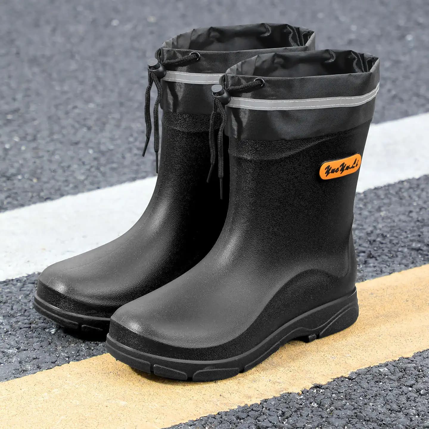 Bottes de pluie homme style britannique mi-mollet 20 pouces haute sécurité camping contrôle crues bandes réfléchissantes