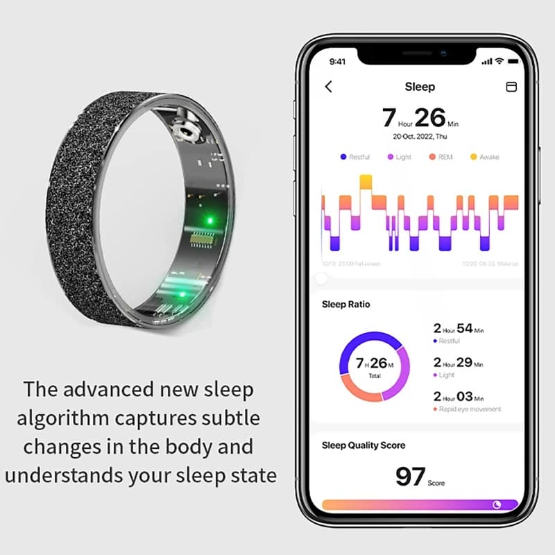 Bague connectée smart ring moniteur fréquence cardiaque oxygène sommeil sport IP68 étanche