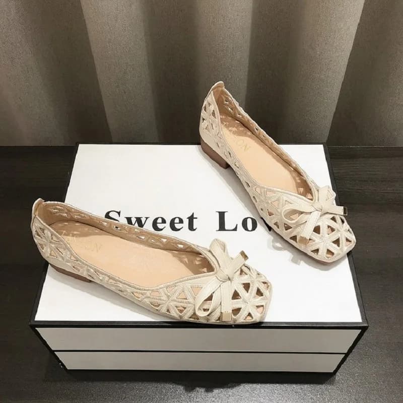 Sandales plates femme été style français 2025 - Chaussures beige découpes géométriques pour robes