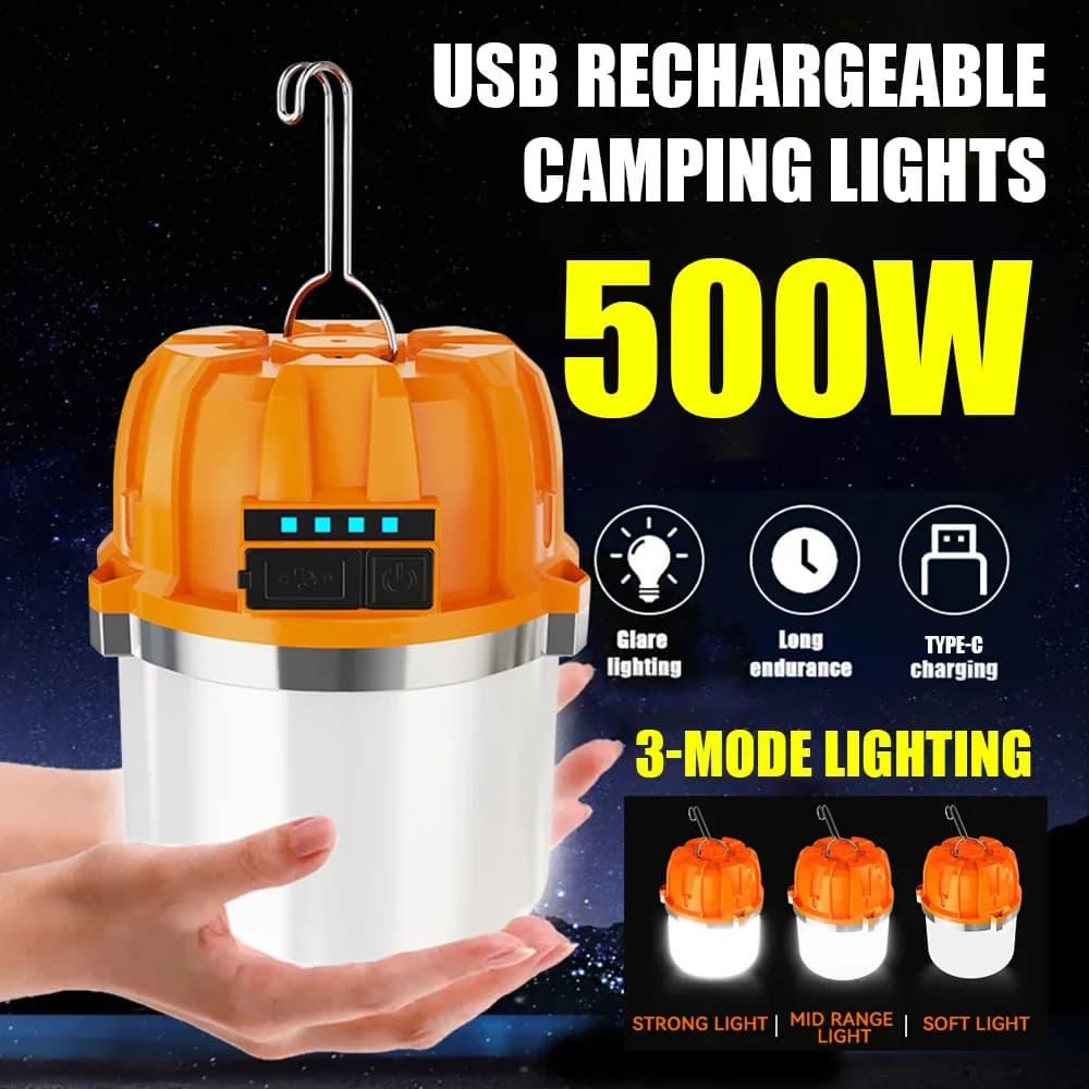 Lampe de camping LED 500W rechargeable USB pour pêche nocturne et urgences en plein air