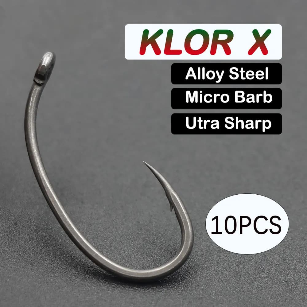 10 hameçons carp fishing Klor X ultra-affûtés - Acier allié pour montages hair rig