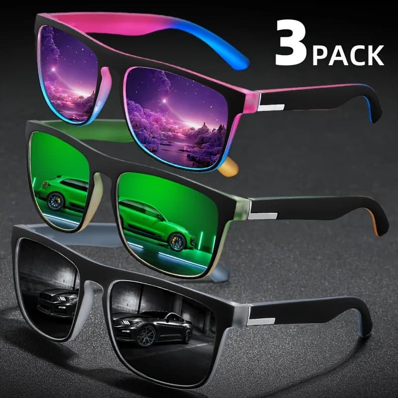 Lot 3 paires de lunettes de soleil polarisées carrées dégradé multicolore - Anti-éblouissement UV400 pour pêche et conduite
