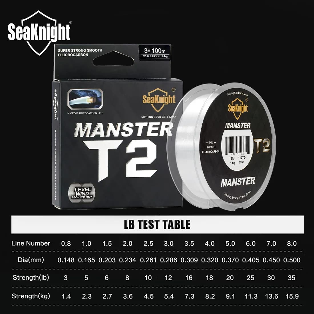 Ligne de pêche fluorocarbone 100% MANSTER T2 SeaKnight, 100M pour pêche en mer, 3-35LB, fil carbone coulant
