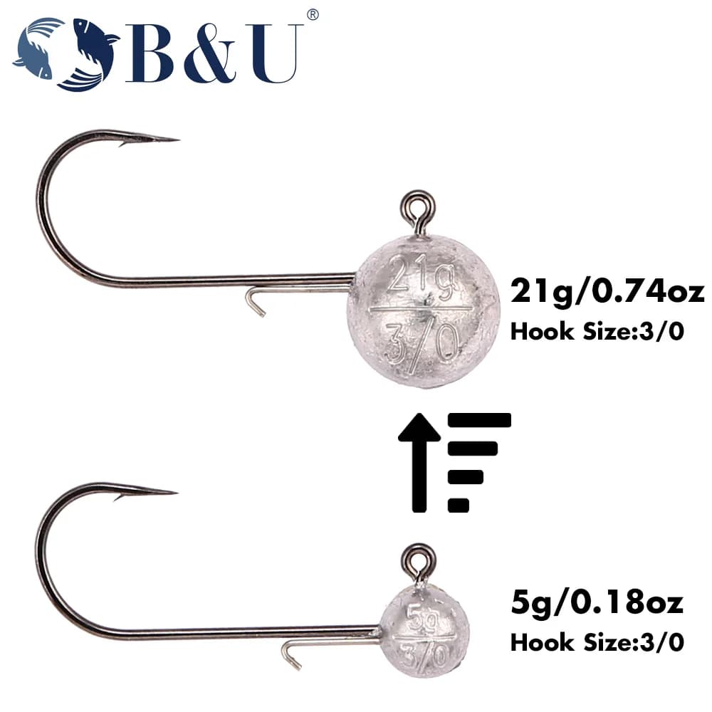 Têtes plombées B&U 3/0 4/0 haute résistance pour leurres souples, 5 à 21g pour pêche au