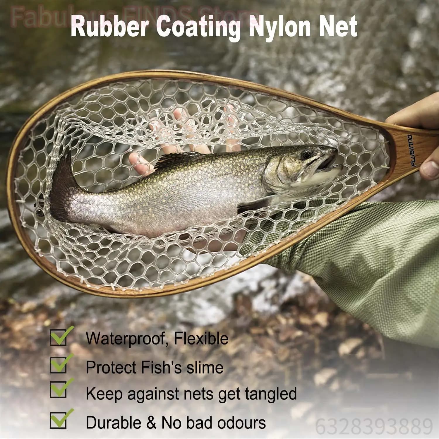 Fly Fishing Landing Nets Wooden Handle Transparent Rubber/Nylon Mesh Trout Mesh