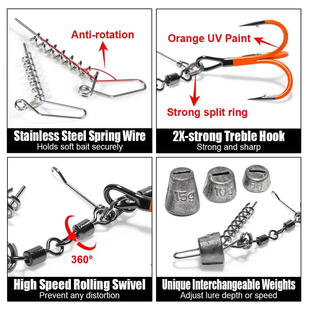 Montages Spinpoler Multi-Depth Flame Stinger Rigs UV Orange Treble Hook pour Brochet et Carnassier