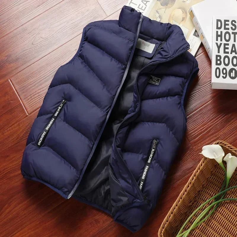 Veste sans manches homme hiver chaude matelassée col montant zippée extérieur solide casual