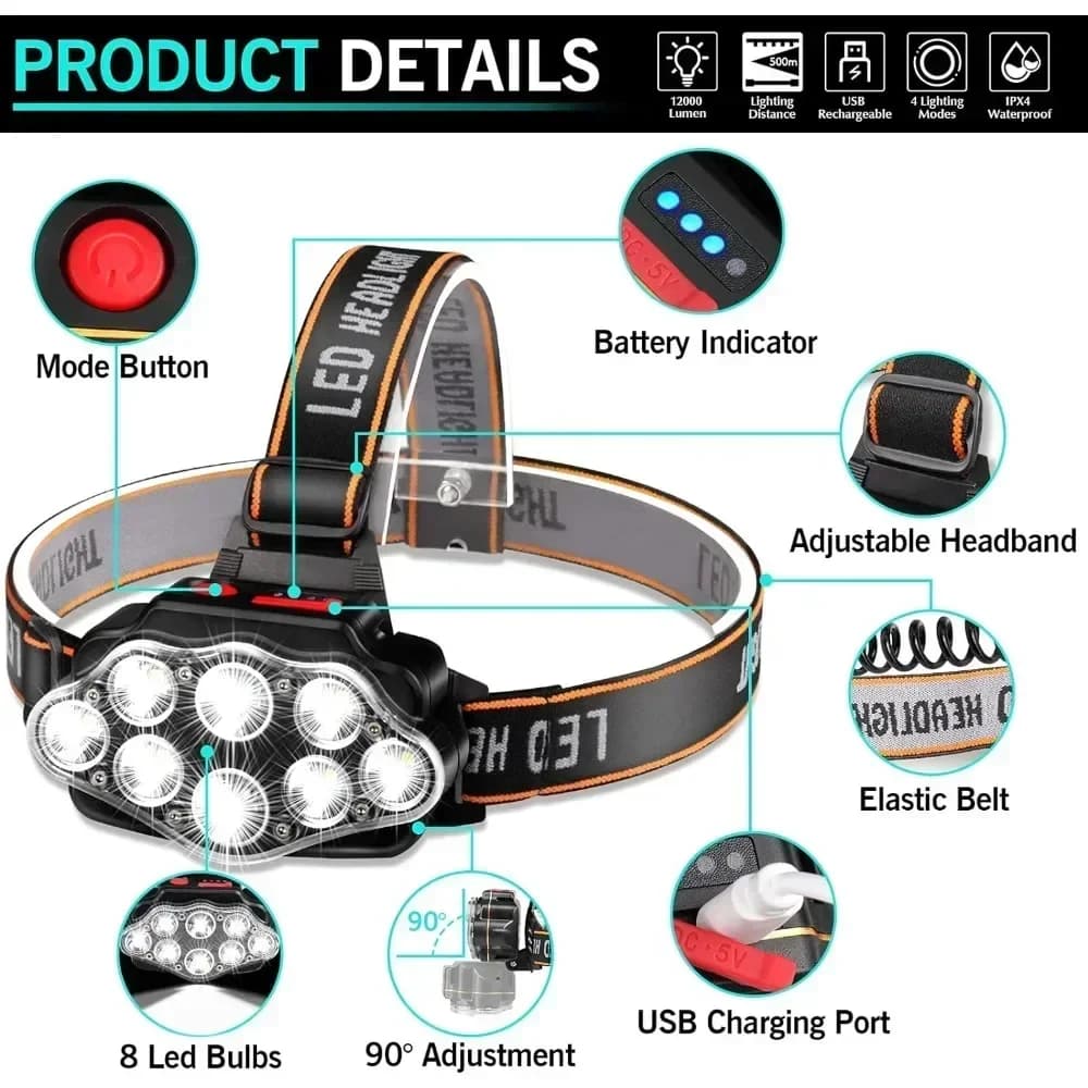 Lampe frontale 8LED puissante rechargeable pour pêche camping chasse randonnée phare avant