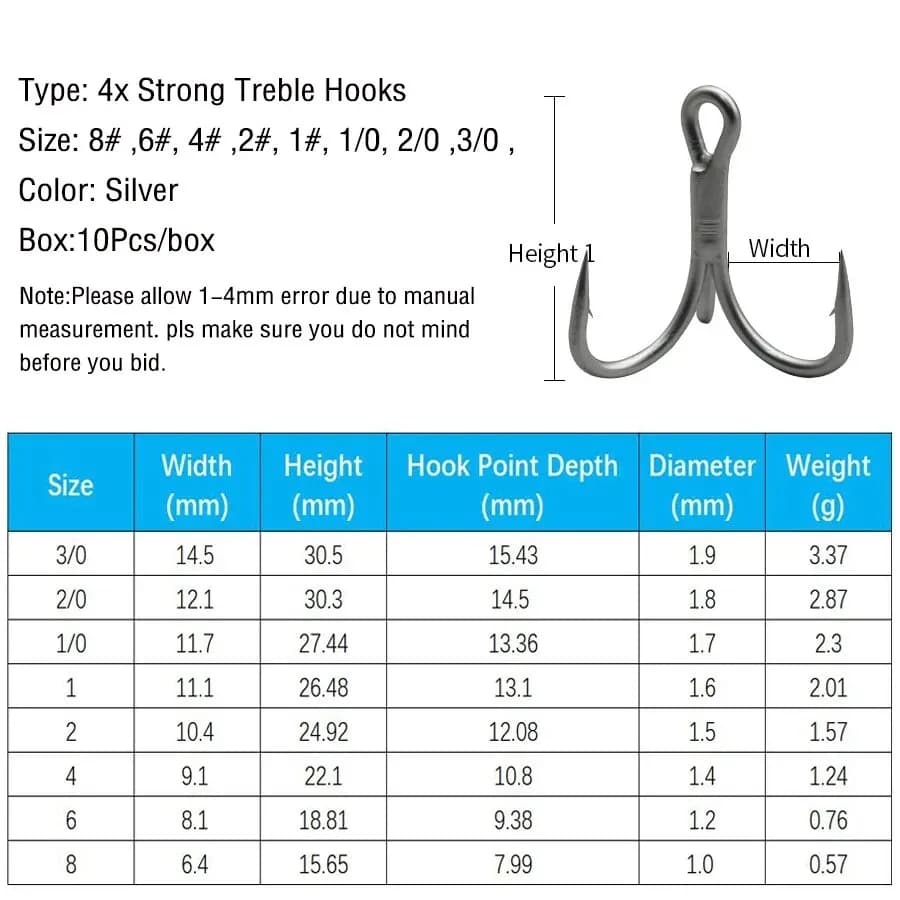 Hameçons triples pêche 10 pièces acier haute carbone 4X résistants et tranchants pour leurres et appâts