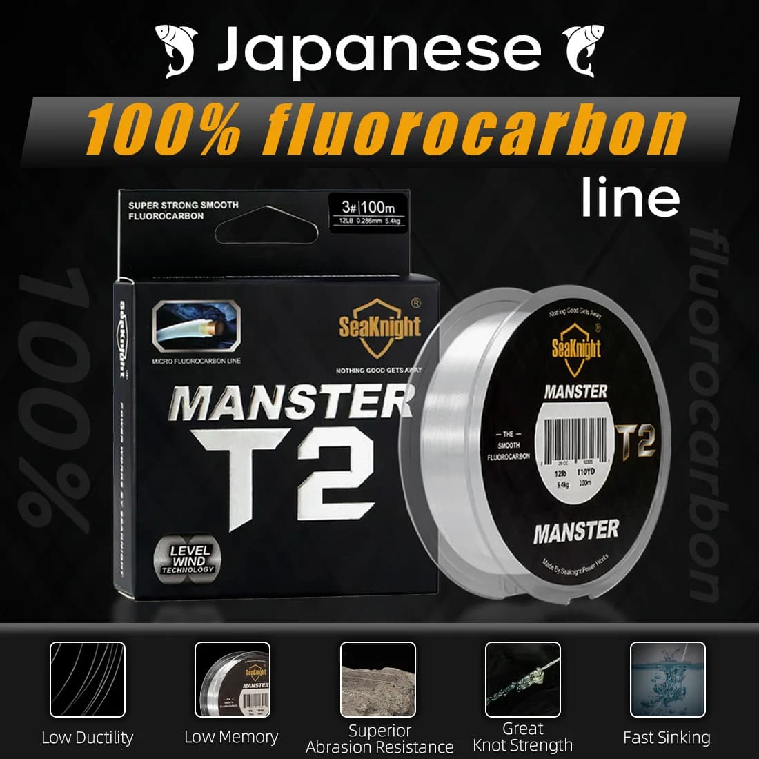 Ligne de pêche fluorocarbone MANSTER T2 100M, 3-35LB, idéale pêche en mer et surfcasting