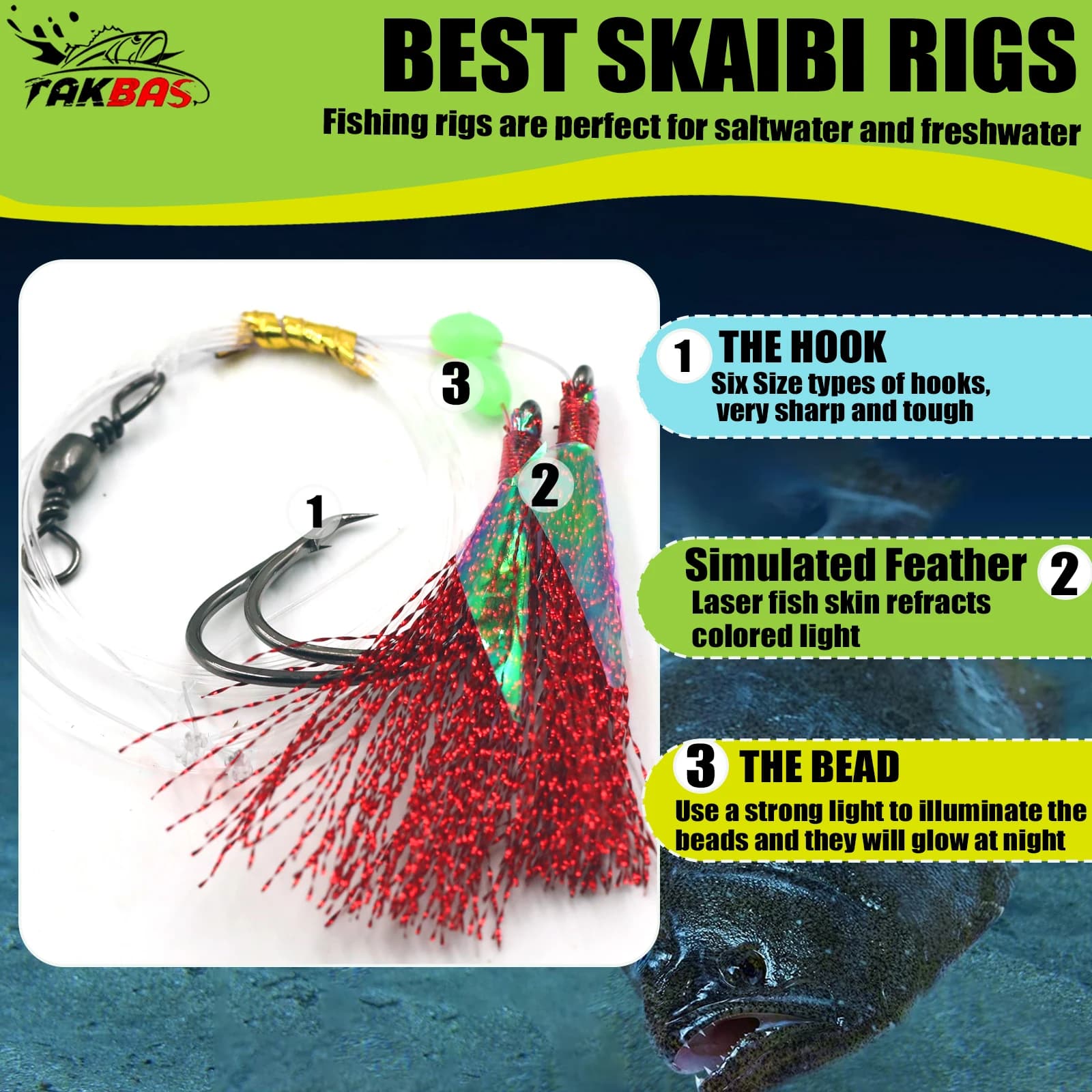 6 bas de ligne flasher appâts sabiki pêche surf saltwater 65LB hameçons circle TAKBAS